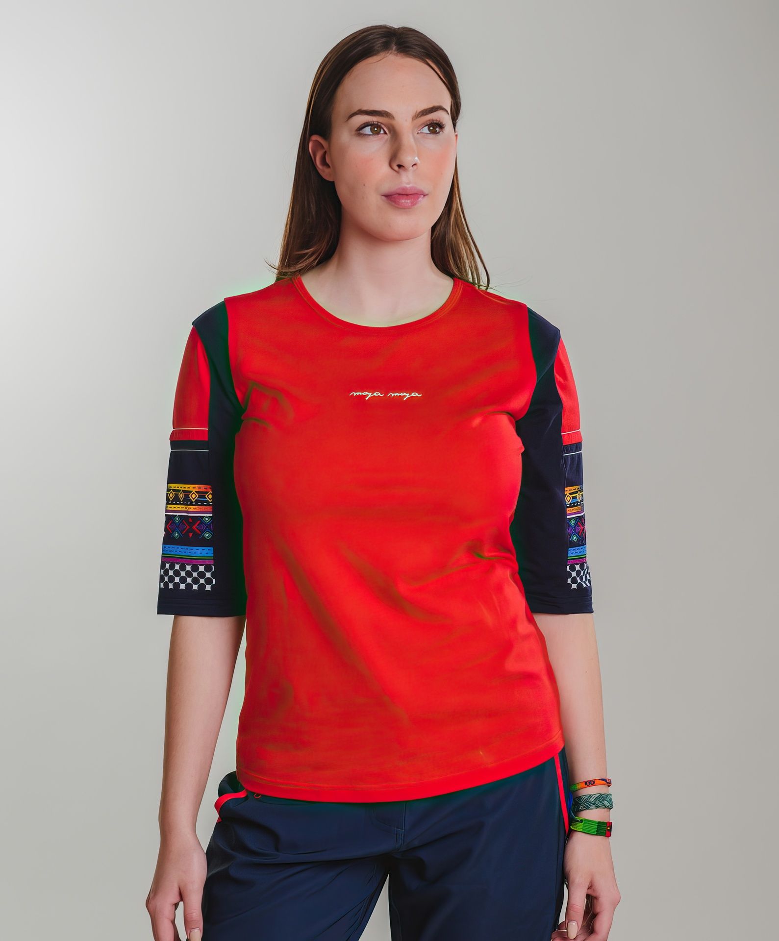 Mayan t-shirt lady in red from MAYA MAYA is a shirt with colourful designs from freetime