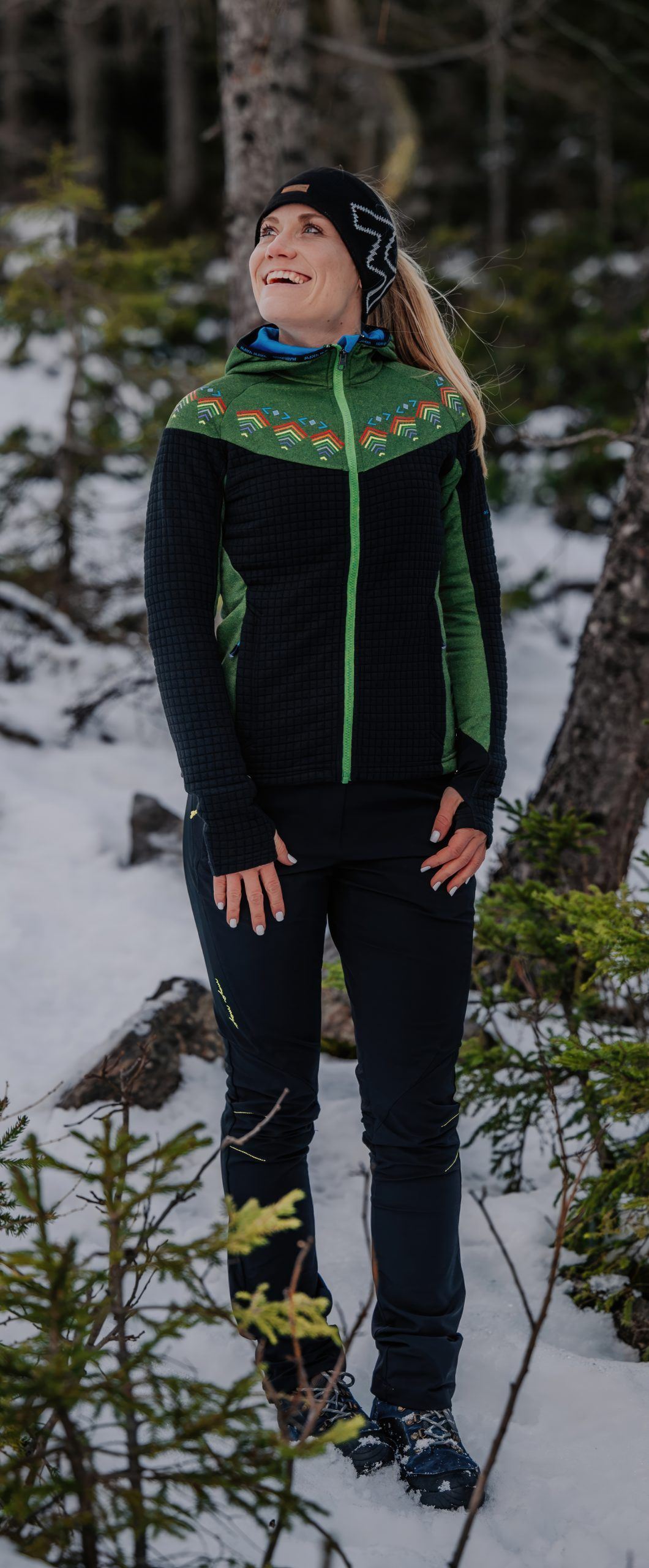 Women wearing warm green winter midlayer from MAYA MAYA