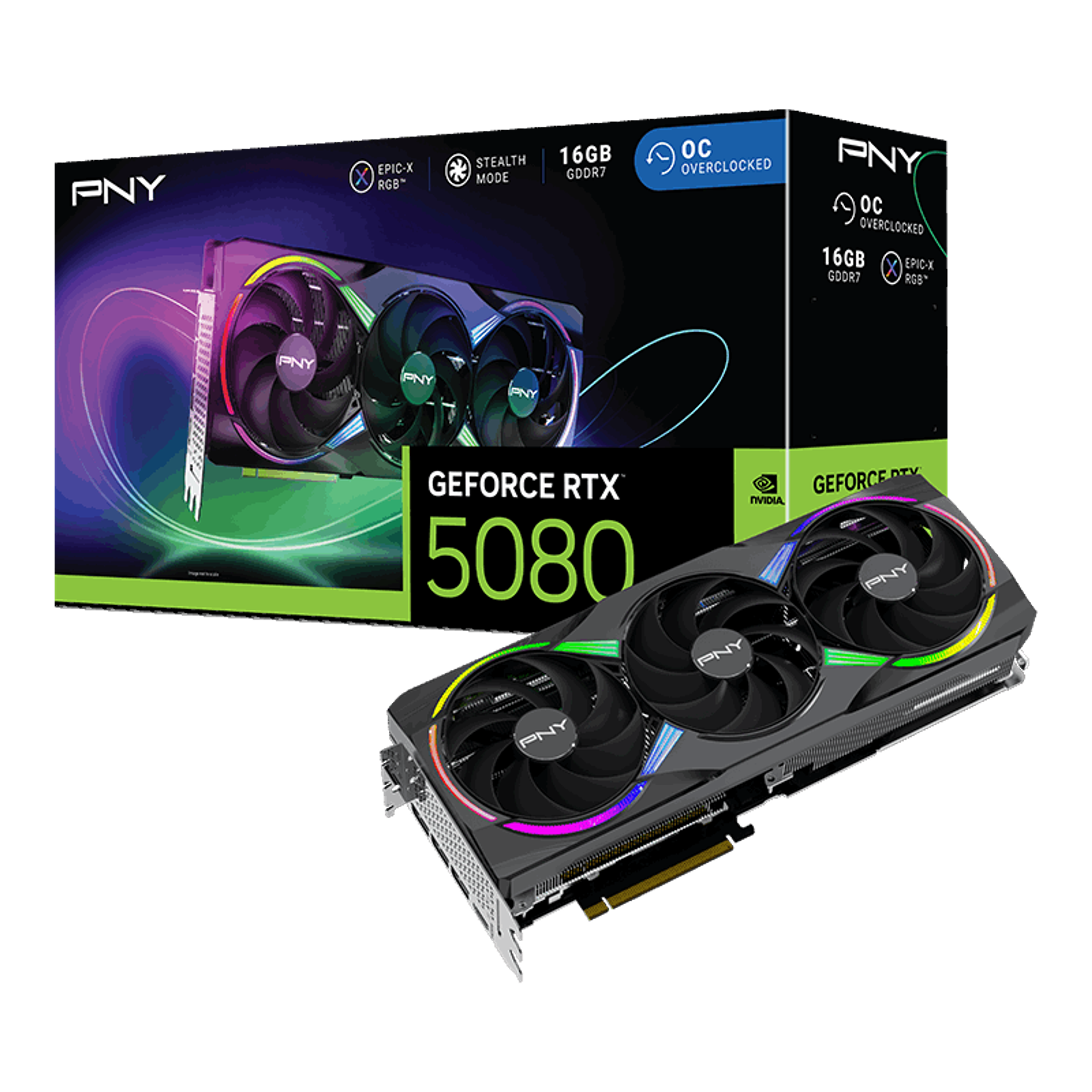 Card màn hình PNY GeForce RTX 5080 16GB GDDR7 ARGB EPIC-X RGB Overclocked Triple Fan 9