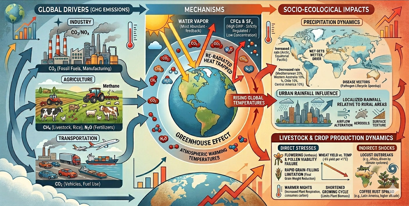 Climate Change: Mechanisms, Global Drivers, Socio-Ecological Impacts, and, Livestock and Crop Production Dynamics