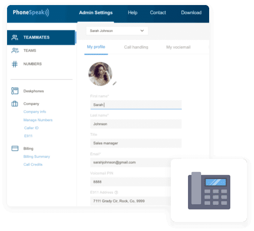 PhoneSpeak settings user interface with deskphone icon