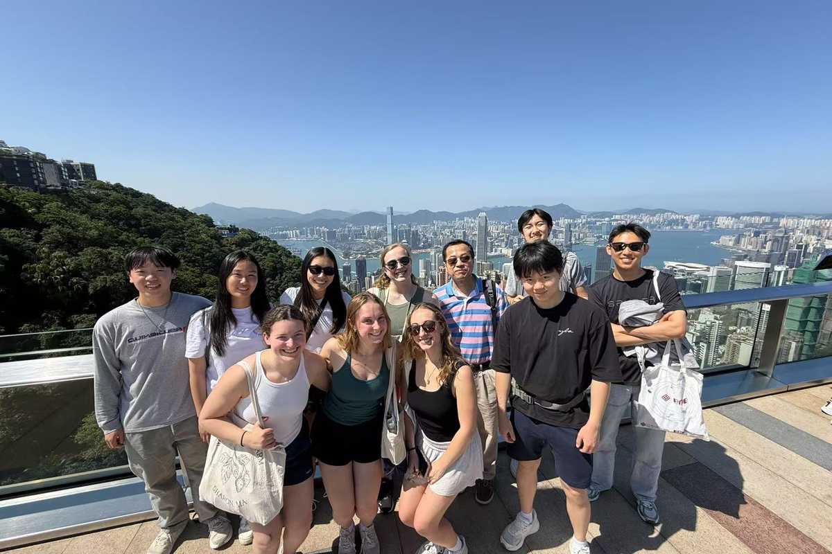 The trip allowed time to visit cultural destinations, including Victoria Peak in Hong Kong. (Back, l-r) Eric Yang, Emily Shen, Katie Auyeung, Audrey Aulino, Jin-Yu Shao, Brandon Qiao, Matthew Tang. Front (l-r) Brooklin Sachs, Caitlyn Garofoli, Dani Hoyt, Justin Yu.