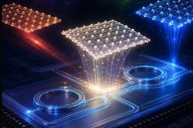 This image visualizes the design of a heterogeneous integrated photonic chip incorporating various functional single-crystalline nanomembranes. These ultrathin layers add capabilities that the underlying chip materials cannot provide alone. Researchers at WashU have developed a new framework to expand the materials, functions and designs on a single chip, opening new possibilities for faster, more powerful and multifunctional photonic technologies. (AI generated image courtesy Bae lab).