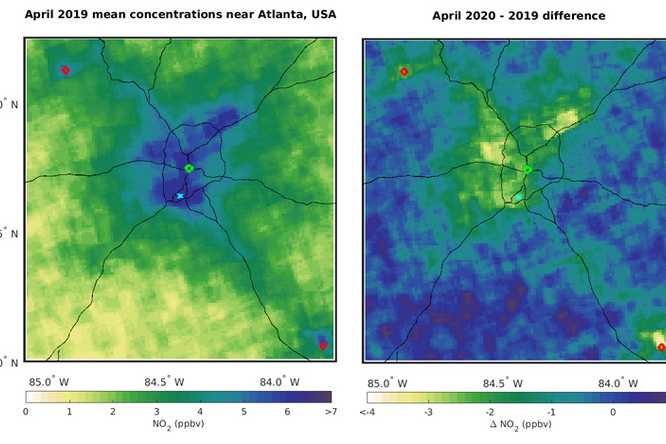 April 2019 and 2020-2019 difference of inferred ground level NO2 mixing ratio near Atlanta. The green circle represents downtown Atlanta, the red diamonds represent coal-burning power plants with capacities > 2000 MW. The blue x represents Hartsfield-Jackson International Airport. The black lines indicate major highways. (Courtesy: Martin Lab)