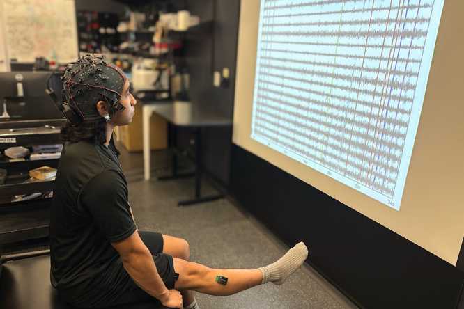 Researchers in Ismael Seáñez’s lab have developed a type of decoder to restore communication between the brain and the area below a spinal cord injury. Through experiments in their lab with 17 human subjects without a spinal cord injury, they were able to cue movement in the lower leg with transcutaneous spinal cord stimulation, or noninvasive, external electrical pulses. (Credit: Carolyn Atkinson)