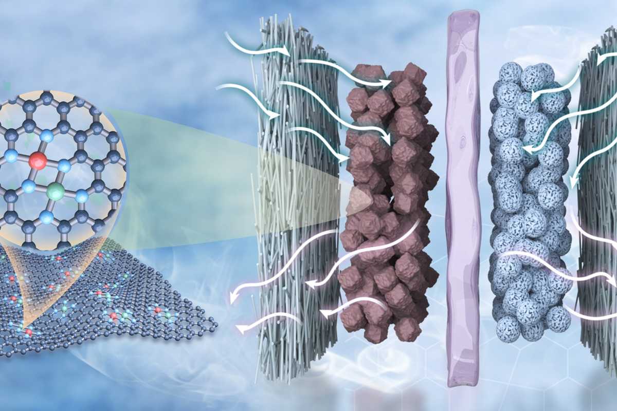  A visual illustration of the CO₂-to-CO electrolyzer developed by Gang Wu’s team. It features an iron-nickel dual-metal site catalyst that uses a synergistic effect to efficiently convert carbon dioxide into carbon monoxide. (Credit: Gang Wu