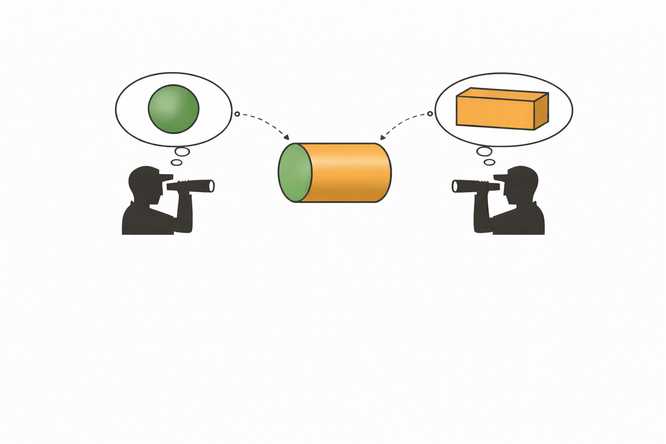 In this image, two agents are viewing an identical object from different perspectives. The redundant information they share is the existence of the object. The unique information they have is the shape and color which is uniquely visible from their own vantage point. The 3D shape of the object, however, can only be understood via cooperation, called synergistic information.  The research was led by doctoral student Aobo Lyu, co-advised by Netanel Raviv and Andrew Clark, assistant professors. (Credit: Aobo Lyu)  
