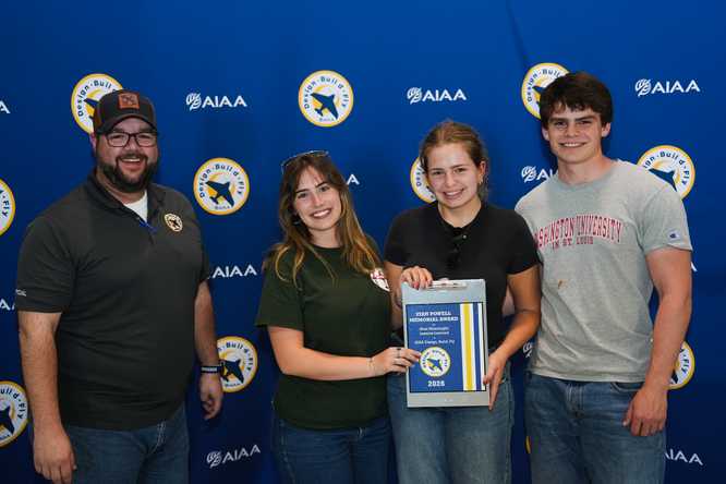  (left to right) AIAA official Rob Roedts with Julia Peppe, Mischa Trainor and Theo Sanders.