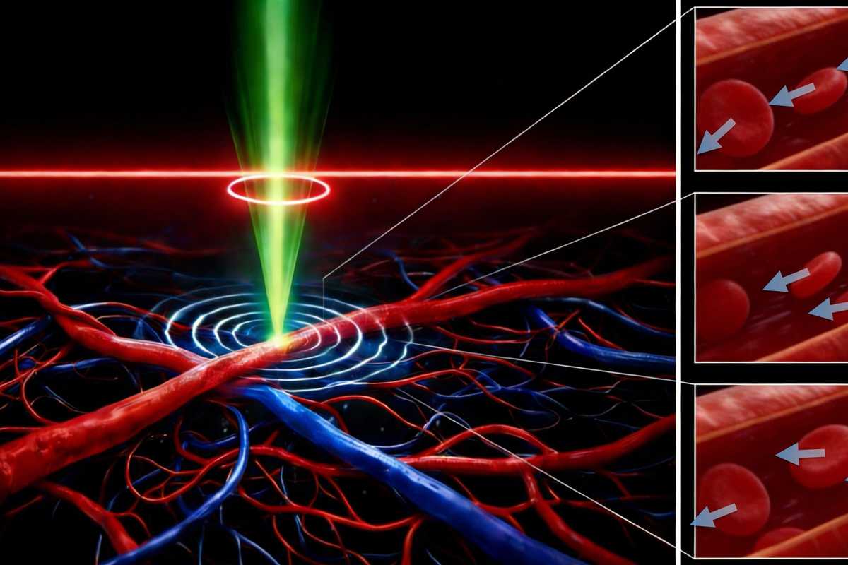 Song Hu and his collaborators have developed super-resolution functional photoacoustic microscopy (SR-fPAM), which allows researchers to image blood flow and oxygenation at single-cell resolution in the mouse brain. It bridges a critical gap in functional microvascular imaging and could provide new insight into microvascular health and disease, such as stroke, vascular dementia and Alzheimer’s disease. (Credit: Song Hu, created with Manus)