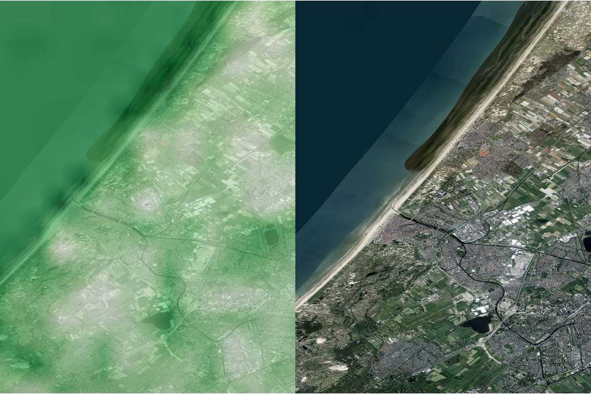 A soundscape map (left) for the text prompt, “This is a sound of sea waves,” and the region’s corresponding overhead image. Green indicates areas where the sound is more probable; white indicates less probable. (Image: Jacobs lab)