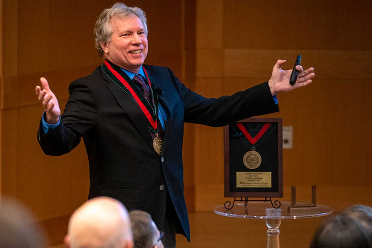 Jay Turner delivers an address at his installation ceremony as the James McKelvey Professor of Engineering Education in the James McKelvey School of Engineering. (Photo: Sid Hastings/Washington University)