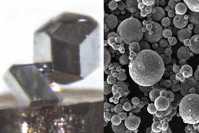 Peng Bai’s research group combines stable sodium metal plated in liquid electrolyte (left) with precisely engineered particles of sodium vanadium phosphate (right) to create safe and efficient sodium batteries. (Image credit: Peng Bai, Rajeev Gopal and Ethan Boutelle / WashU)