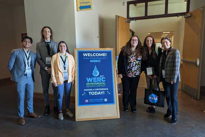 From left, team members Rohan Kansagra, Dylan Fernholz-Hartman, Devin Hale, Mel Ross, Jenna Murdock and team leader Kirsten Housen at the 33rd annual WERC Environmental Design Contest. (Photo courtesy of Kristen Wyckoff)