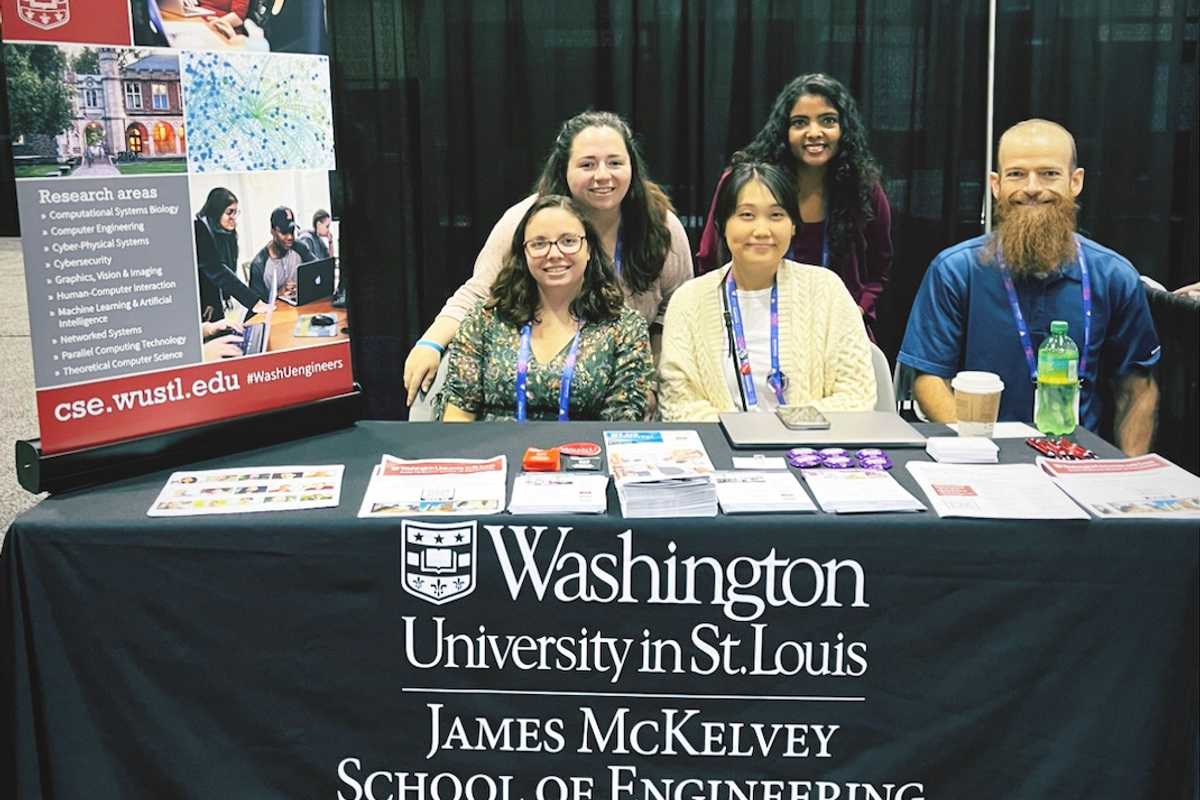 Cleopatra Benos (CSE Graduate Coordinator), Jennifer Ha (PhD student), Kathryn Sarullo (PhD student), Neha Singh (CSE faculty), and Steve Cole (CSE faculty) at GHC. (Courtesy photo)