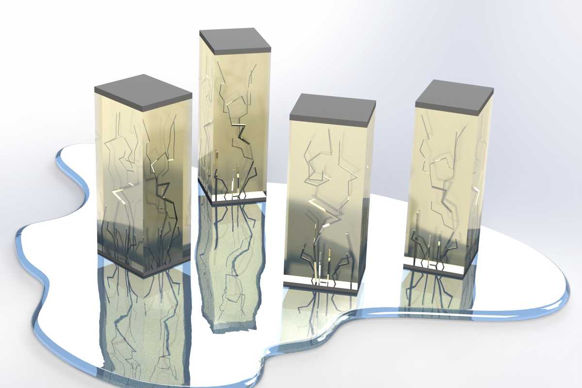 Ceramic solid electrolyte cells (vertical rectangular shapes) with dendrites (the lightning-like dark structures inside the rectangles) growing inside them from the bottom to the top. These solid electrolytes are floating on a liquid (blue puddle) which represents a liquid electrolyte. The reflections of the solid electrolytes in the blue liquid, particularly the dark dendrites, show the similarity in the dendrite initiation process in both the liquid and solid. (Credit: Rajeev Gopal, Bai lab)