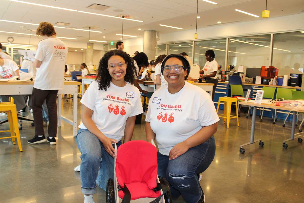 Kaitlyn Sallee and Brianna Duhart, seniors majoring in biomedical engineering, led a toddler wheelchair build event in the Spartan Light Metal Products Makerspace in Jubel Hall. (Credit: Hannah Rudewick)