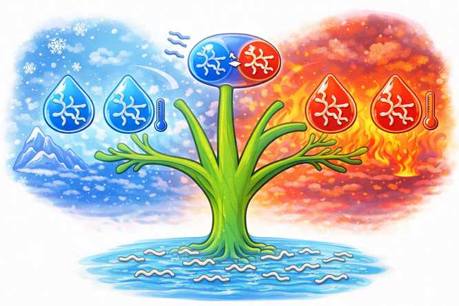 Yifan Dai and his team designed a method based on directed evolution to create synthetic intrinsically disordered proteins that can facilitate diverse phase behaviors in living cells. Intrinsically disordered proteins have different phase behaviors that take place at increasing or decreasing temperatures, as shown in the image above. The intrinsically disordered proteins on the left are cold responsive, and those on the right are hot responsive. The tree image in the center depicts the directed evolution process with the reversible intrinsically disordered proteins near the top. Feeding into the process from the bottom are soluble intrinsically disordered proteins. (Credit: Dai lab) 