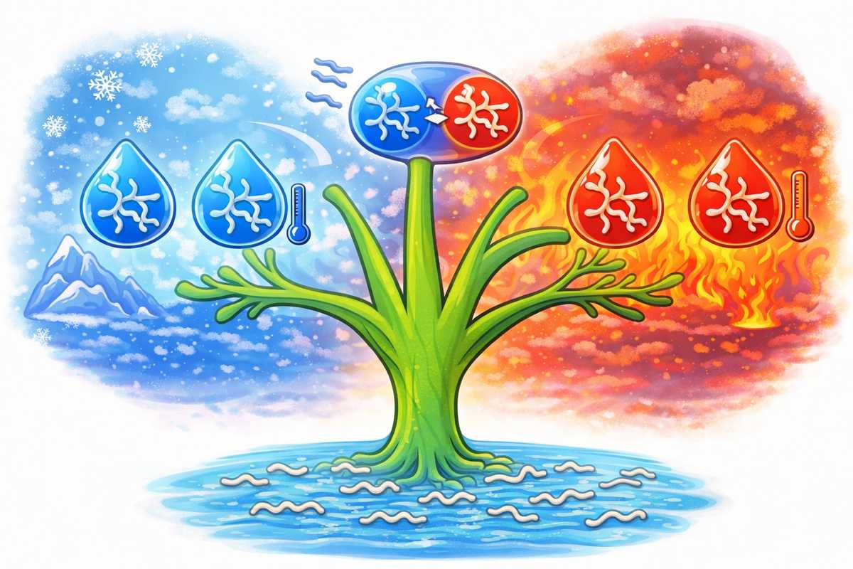 Yifan Dai and his team designed a method based on directed evolution to create synthetic intrinsically disordered proteins that can facilitate diverse phase behaviors in living cells. Intrinsically disordered proteins have different phase behaviors that take place at increasing or decreasing temperatures, as shown in the image above. The intrinsically disordered proteins on the left are cold responsive, and those on the right are hot responsive. The tree image in the center depicts the directed evolution process with the reversible intrinsically disordered proteins near the top. Feeding into the process from the bottom are soluble intrinsically disordered proteins. (Credit: Dai lab) 