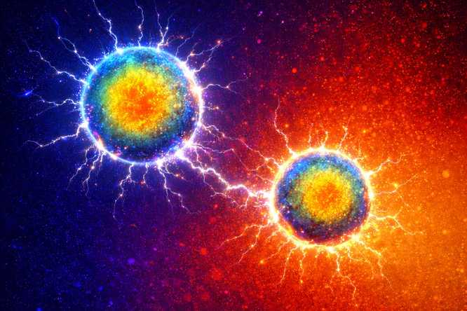 Biological condensates are clumps of molecules that condense, and scatter apart based on the surrounding chemical and electrical environment in a cell. They can appear like oil droplets in water but lack a membrane. Recent work from WashU researchers shows how to design and embed these proteins into living systems to serve as electron generators. (AI generated image courtesy Dai lab)