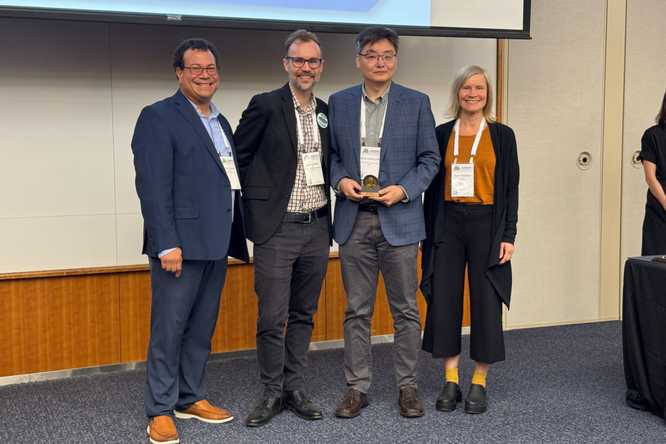  (From left): AEESP Vice President Jose Cerrato of the University of New Mexico; AEESP President Lee Blaney of the University of Maryland, Baltimore County; Frederick George Pohland Medal recipient Zhen (Jason) He of Washington University in St. Louis and AEESP President-elect Kara Nelson of the University of California, Berkeley. (Credit: Zhen (Jason) He)