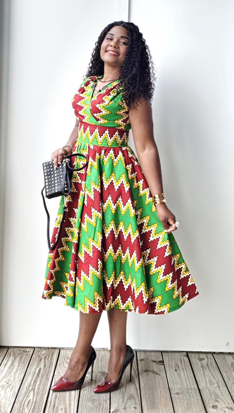 African print full circle green dress 