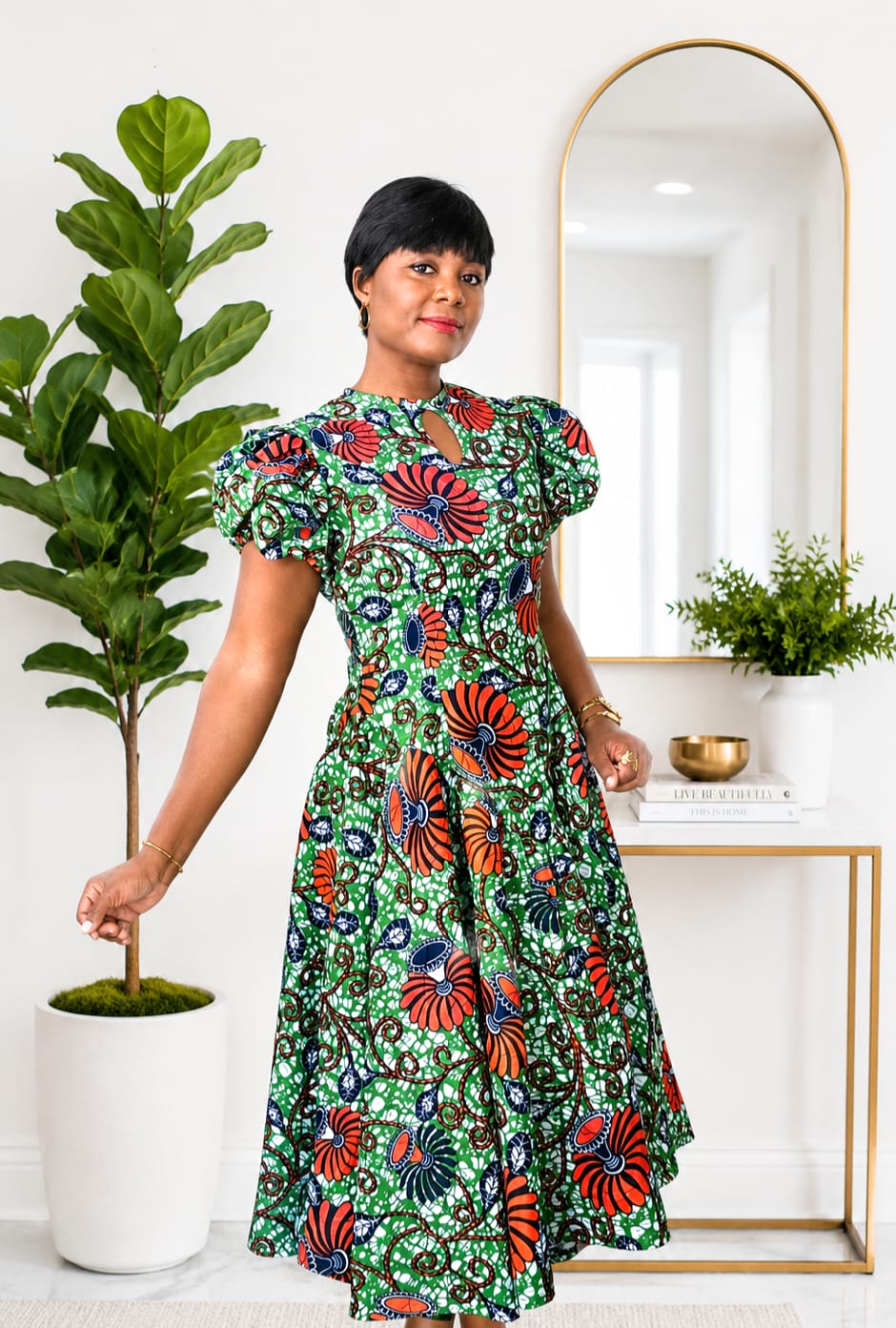 African print green midi dress