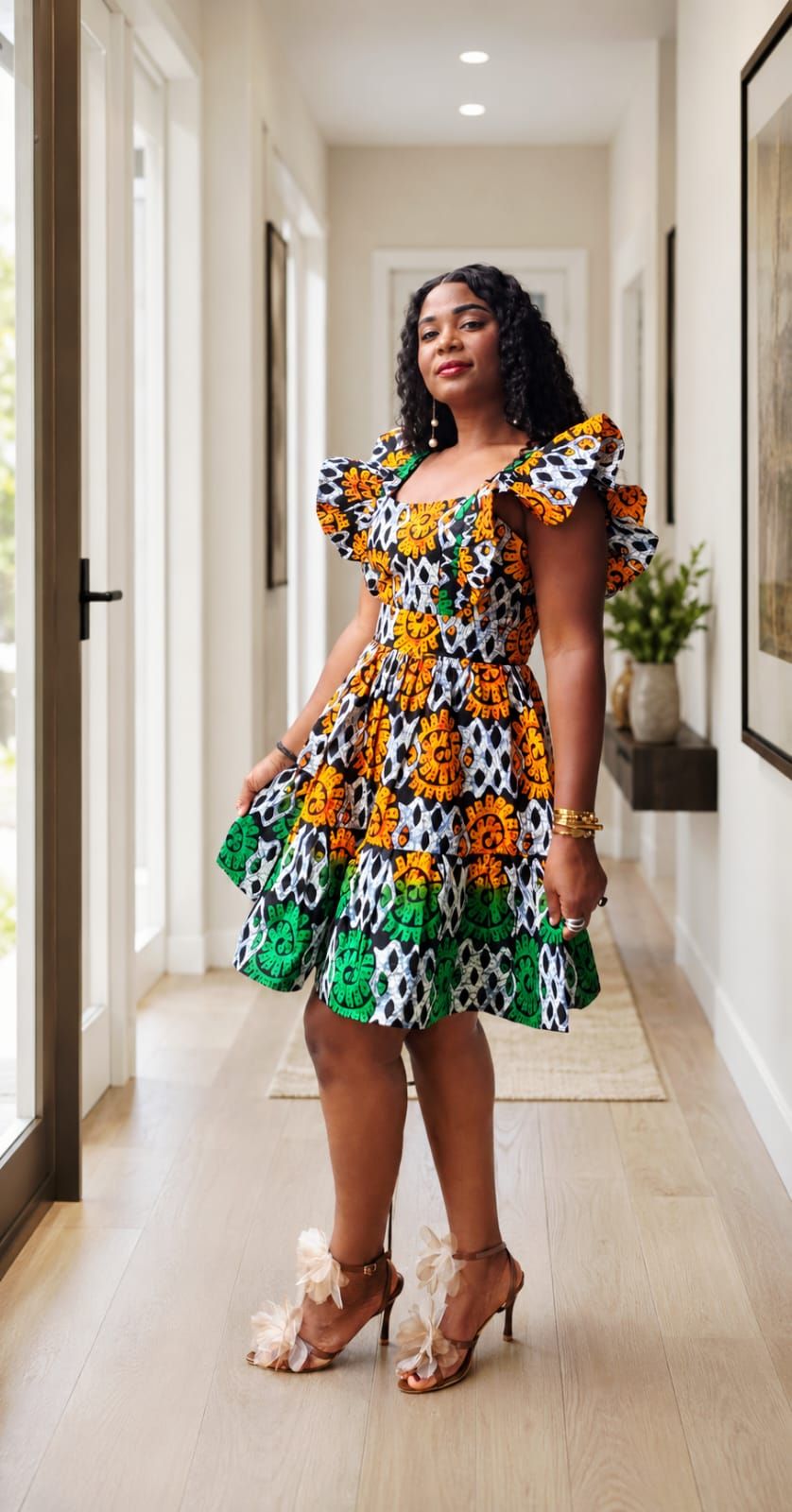 African print short ruffled dress