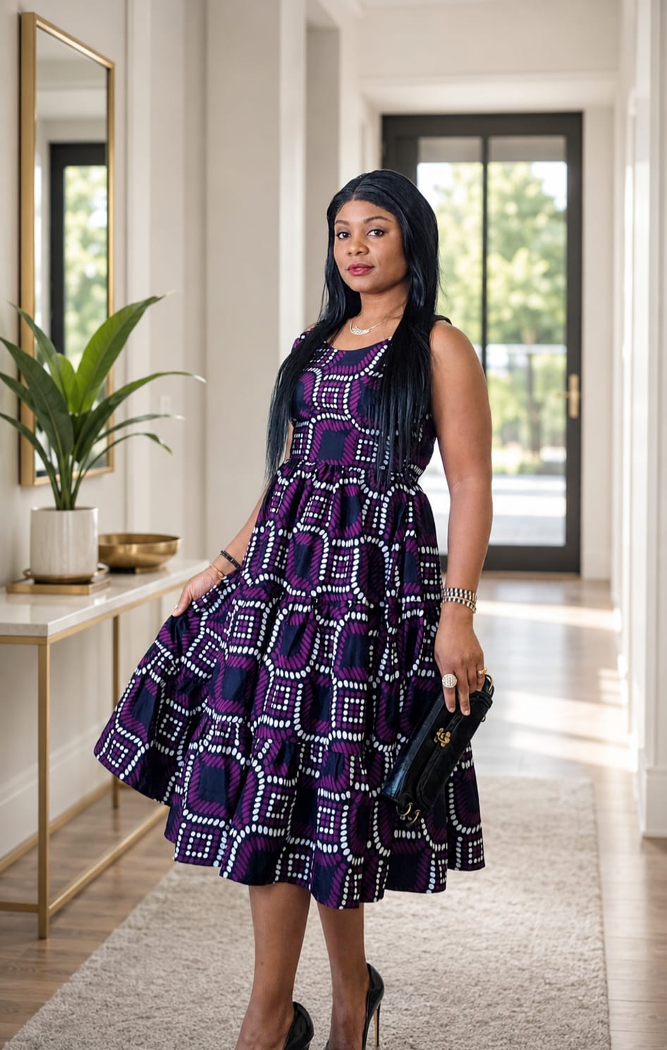 African print purple sleeveless dress