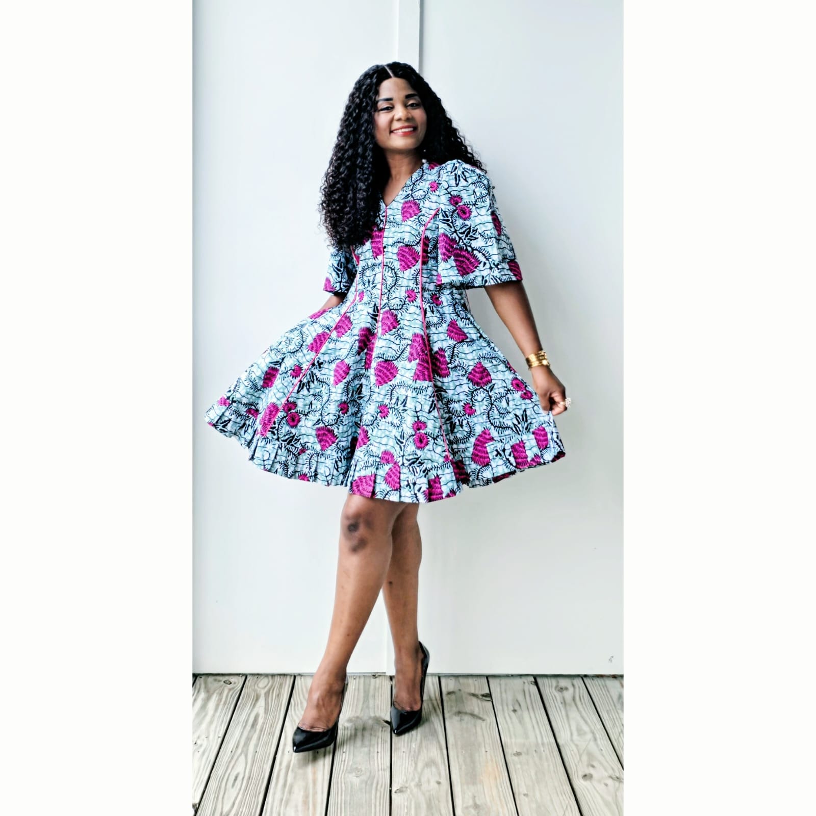 African print pink mini dress