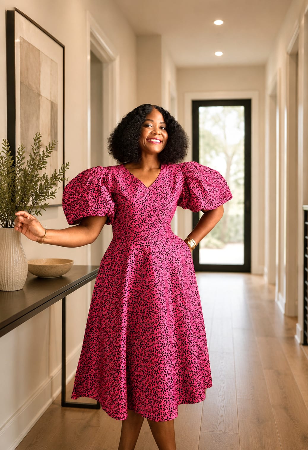 African print pink flared dress