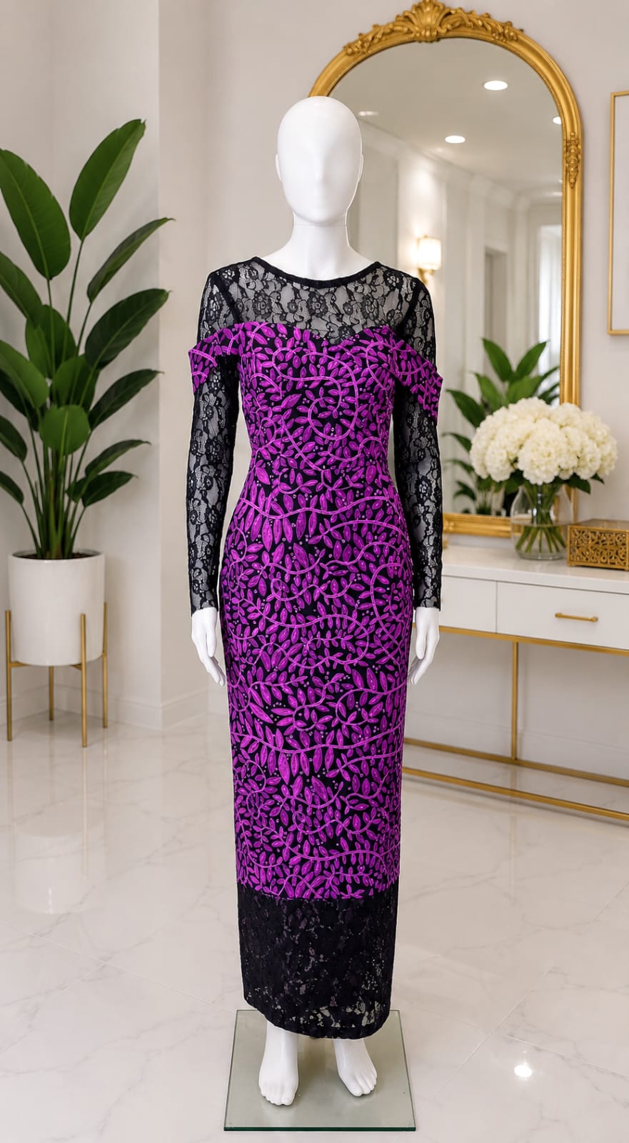 African print purple straight dress with mesh