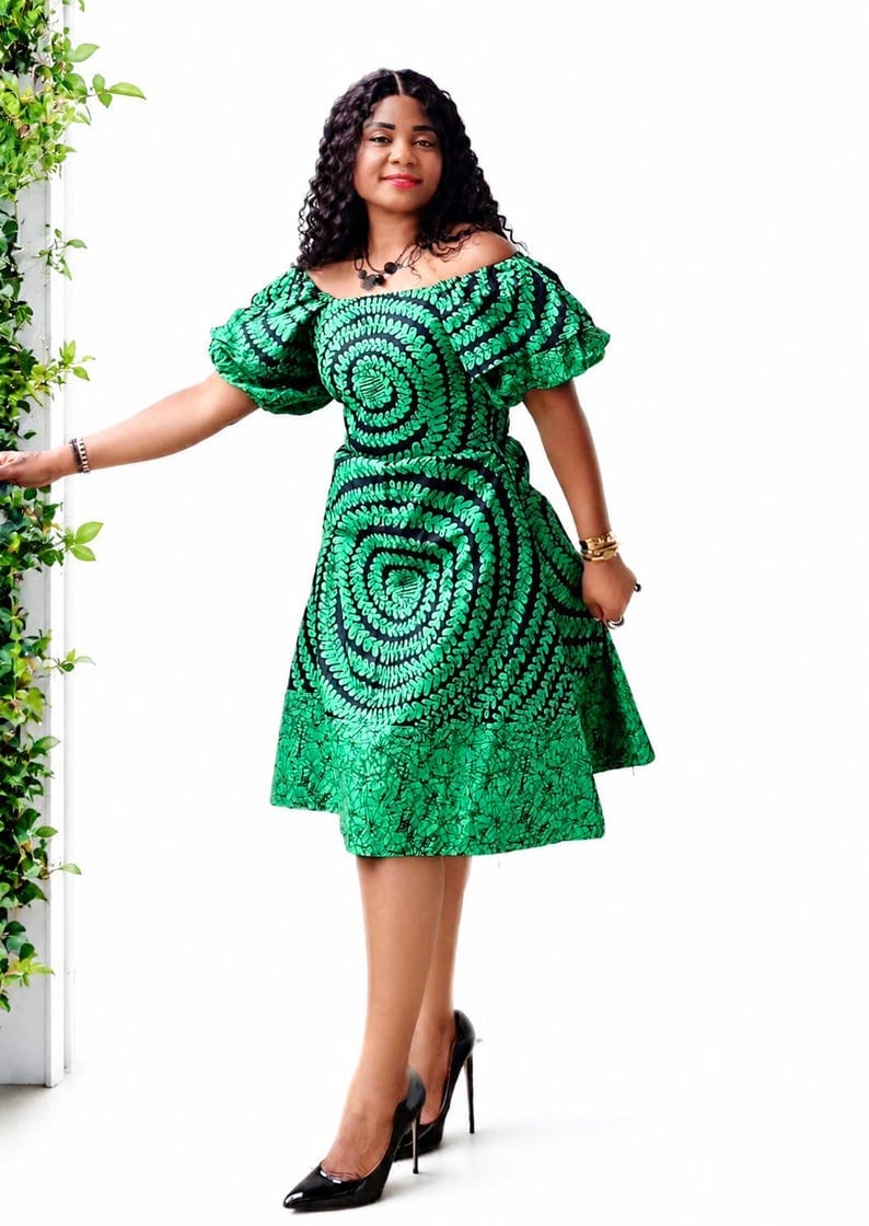 African print green puffy sleeves dress