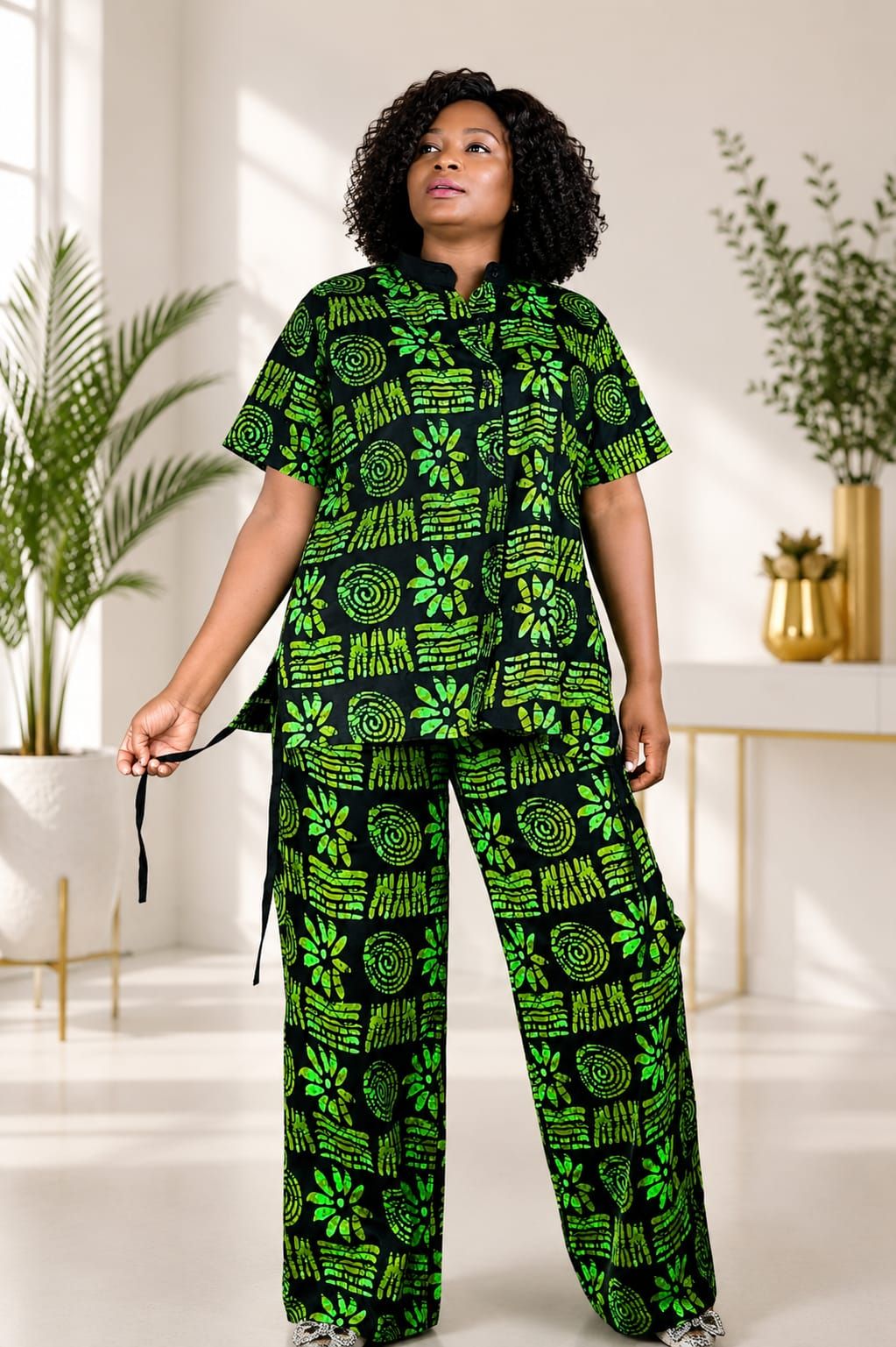 African print two-piece green outfit