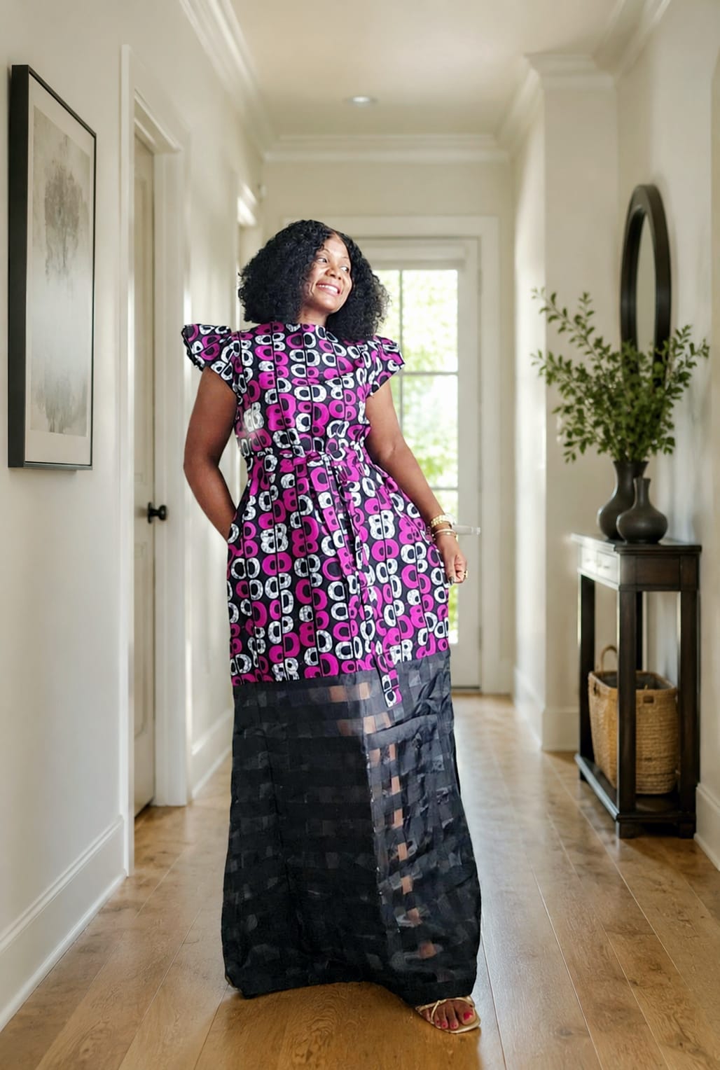 African print long dress with belt