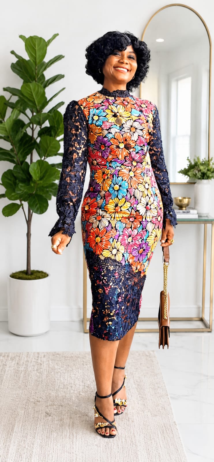 African print straight midi lace dress