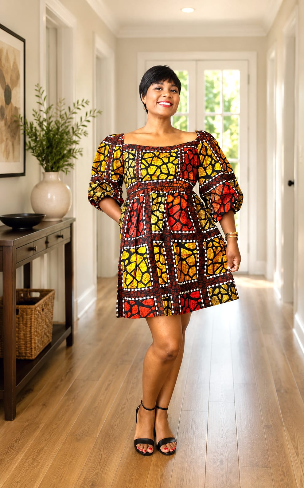 Ankara print puffy sleeves short dress