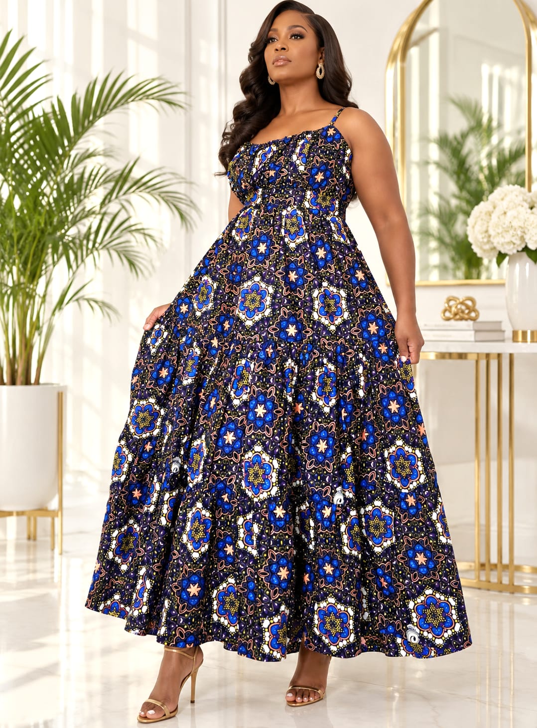 African print strapy sleeves maxi dress