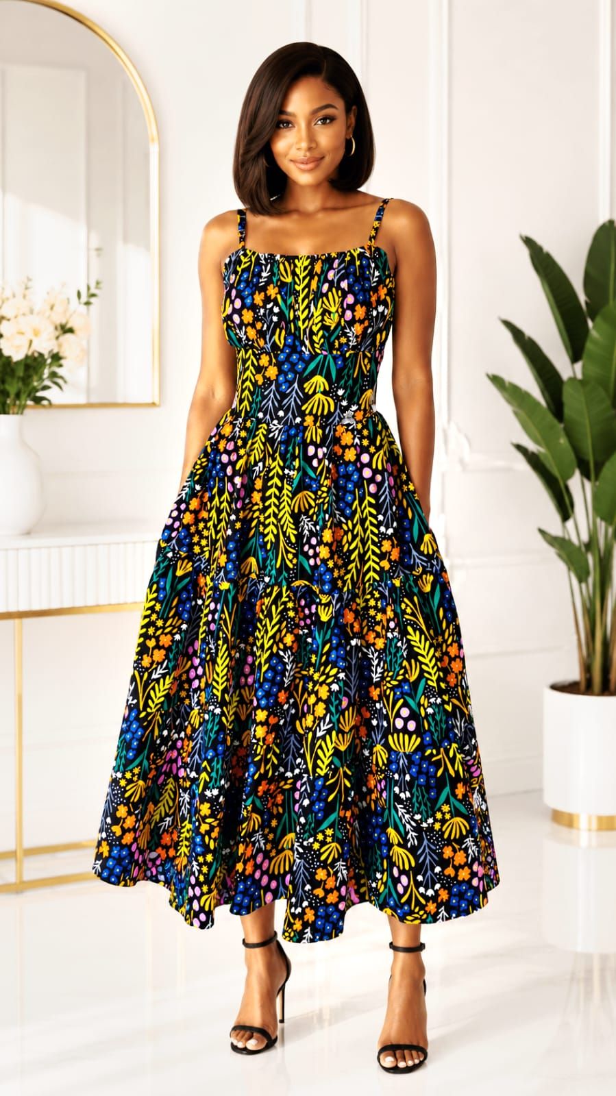 African print strap midi dress