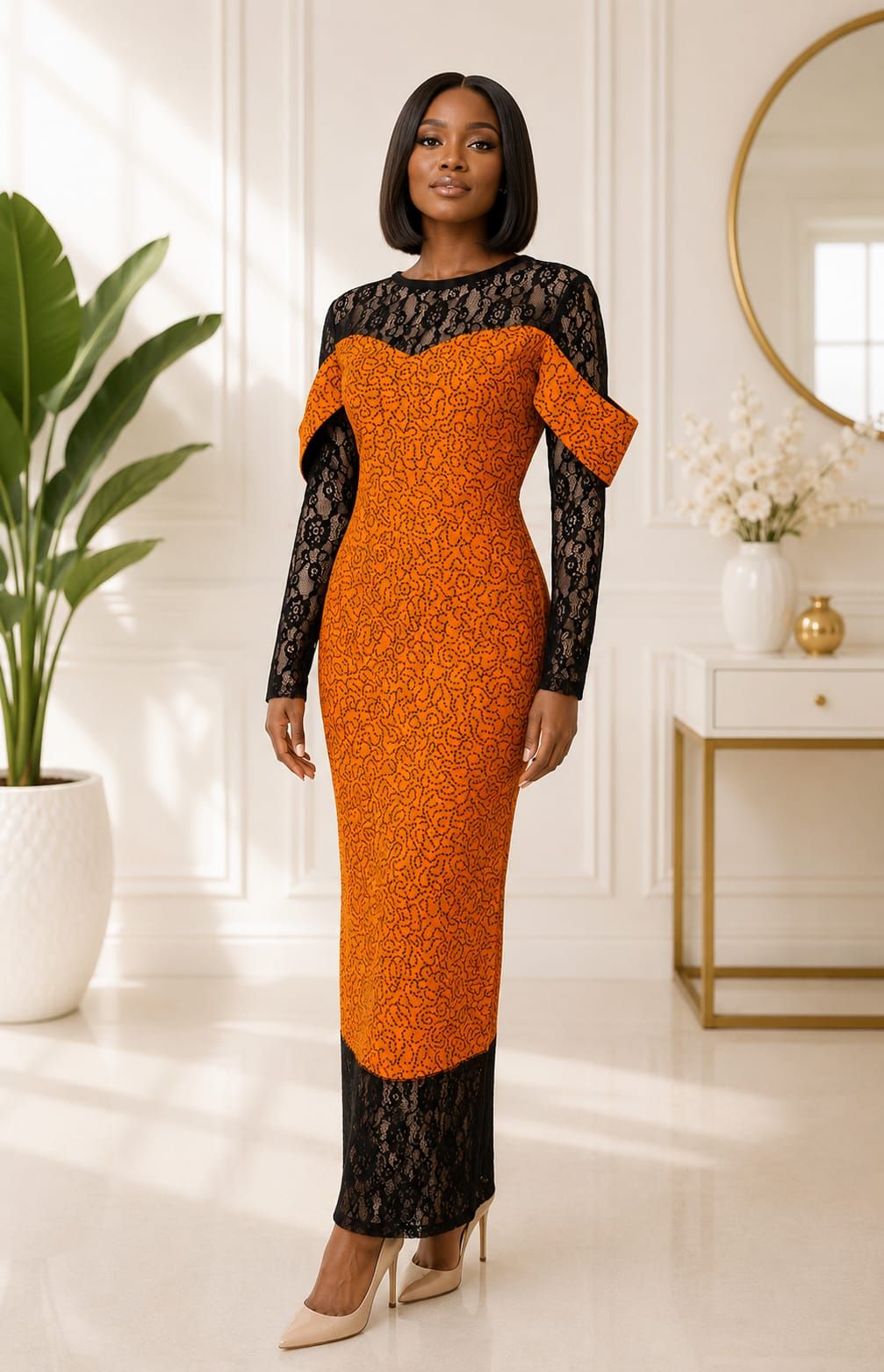 African print orange straight dress