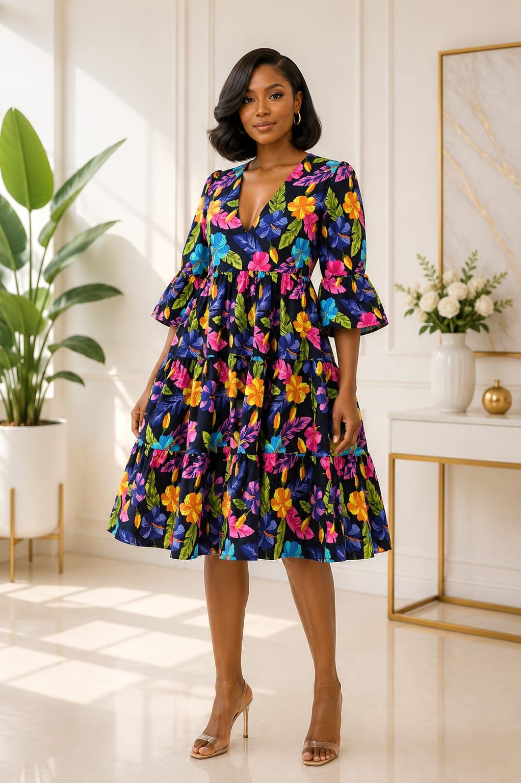 African print blue V-neck dress