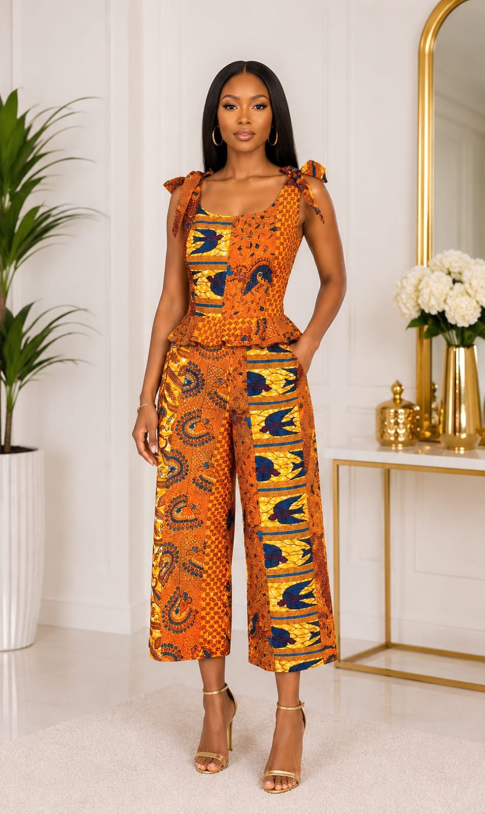 African print two-piece brown outfit
