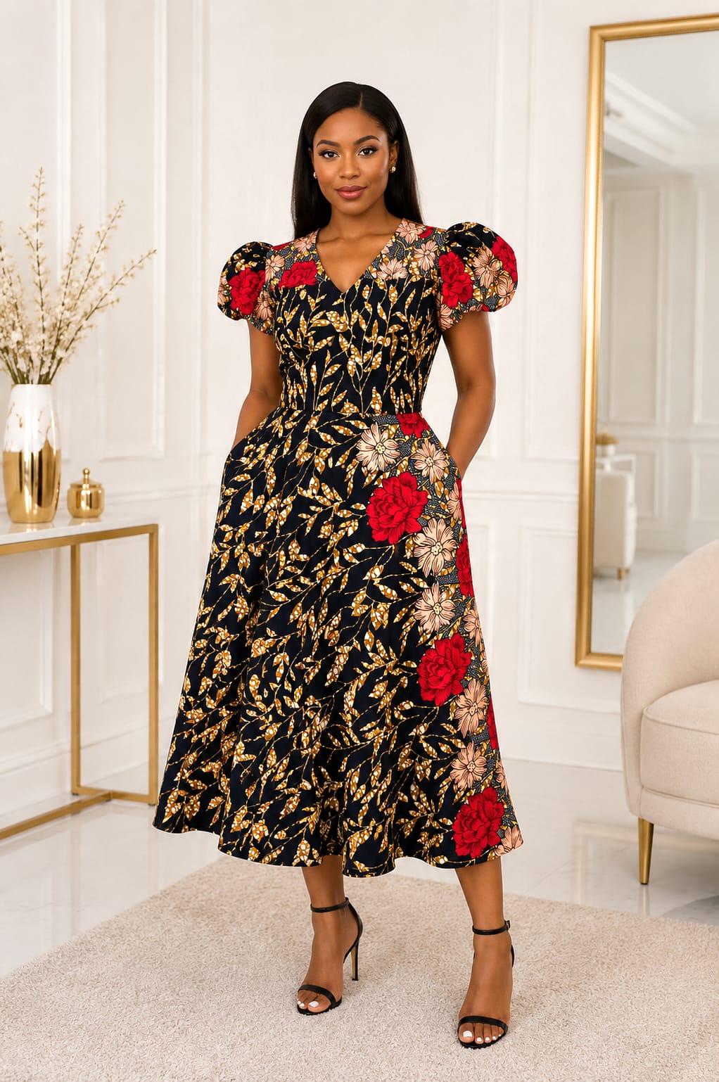 African Black Midi Dress