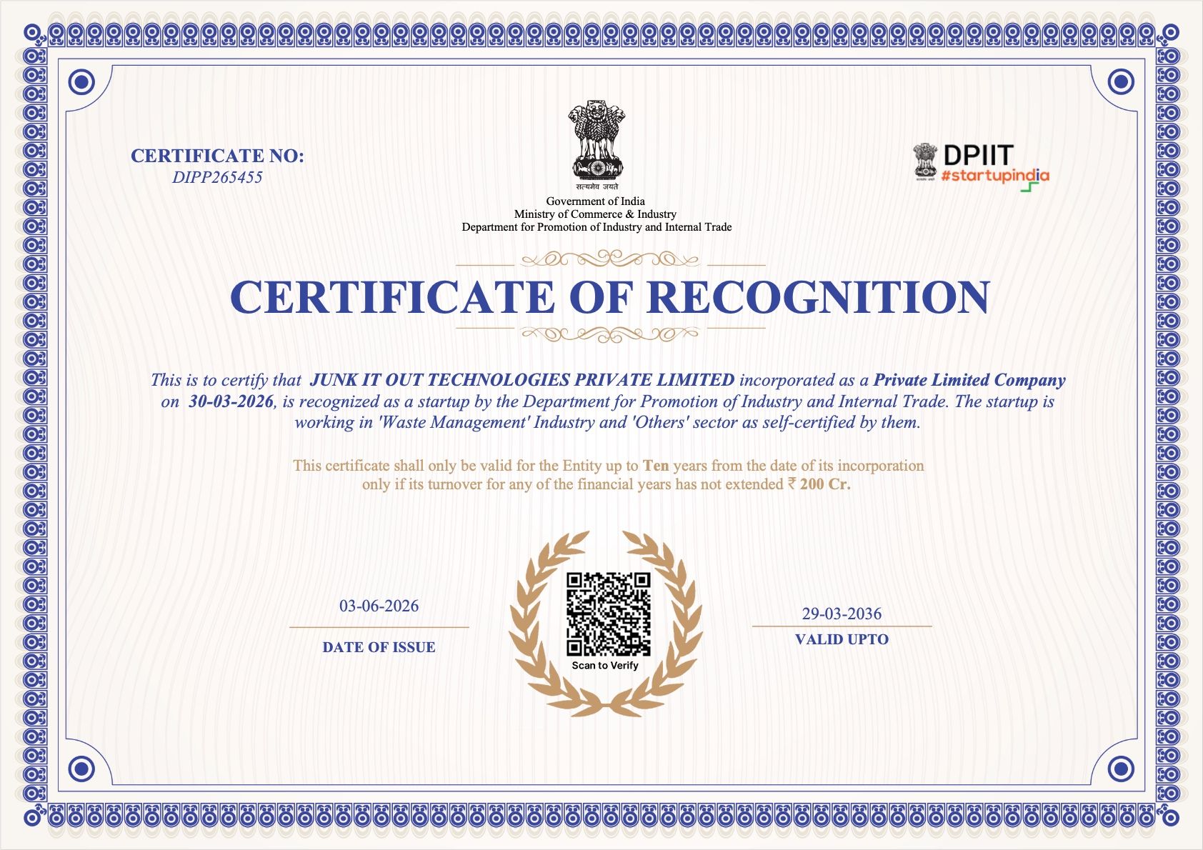 DPIIT Startup India Certificate