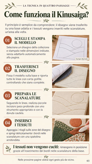 Pagina della guida illustrata Kinusaiga — fasi della tecnica
