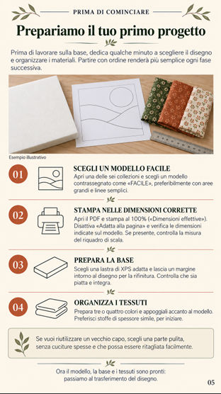 Pagina della guida illustrata Kinusaiga — preparazione del primo progetto
