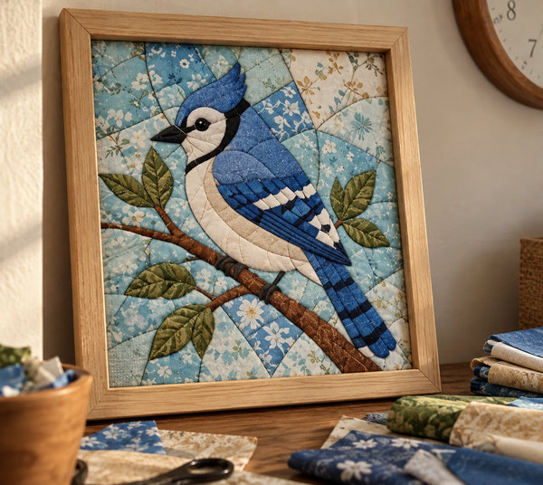 Quadro Kinusaiga — Pássaro azul no ateliê