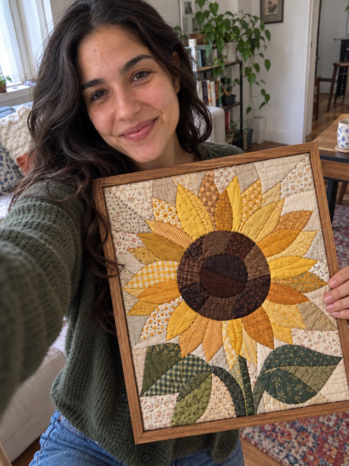 Cliente con quadro girasole in patchwork Kinusaiga