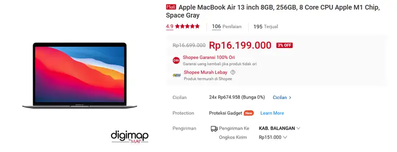 Apple MacBook Air 13 inch 8GB, 256GB, 8 Core CPU Menggunakan M1 Chip