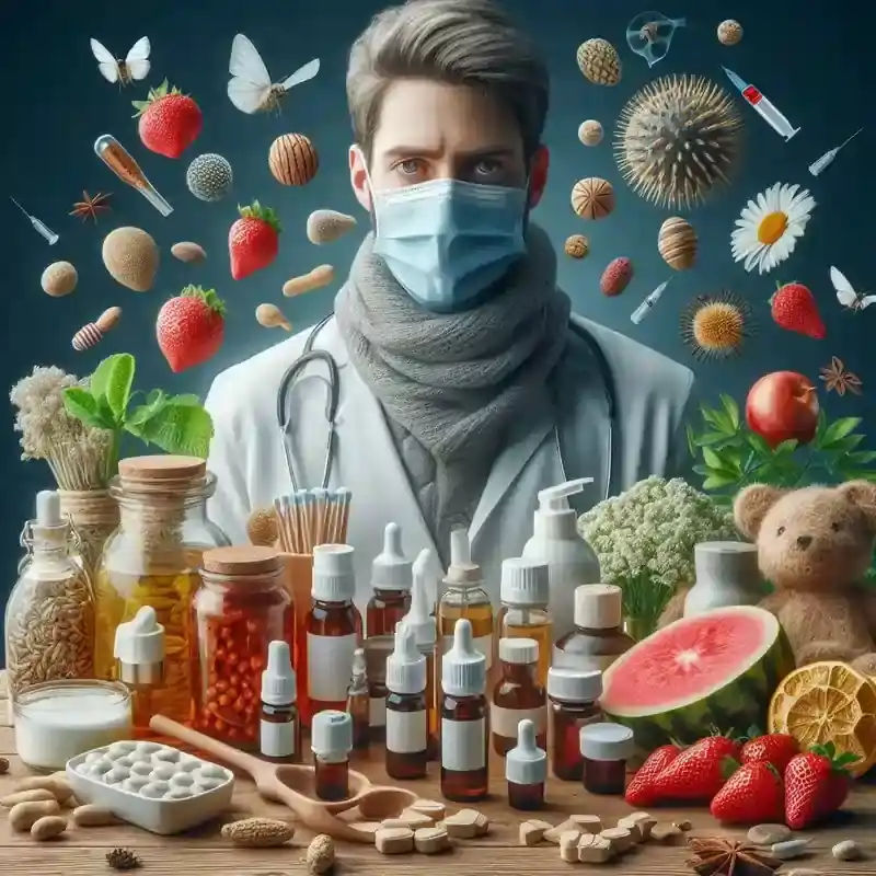 A person using essential oils for natural remedies for allergies, surrounded by plants and allergy relief products.