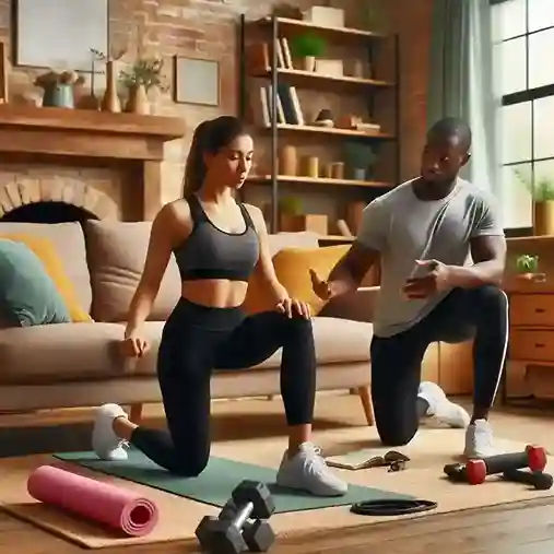 Personal Fitness Trainer at Home providing personalized guidance in a comfortable living room setting, helping individuals achieve their fitness goals with customized training sessions.